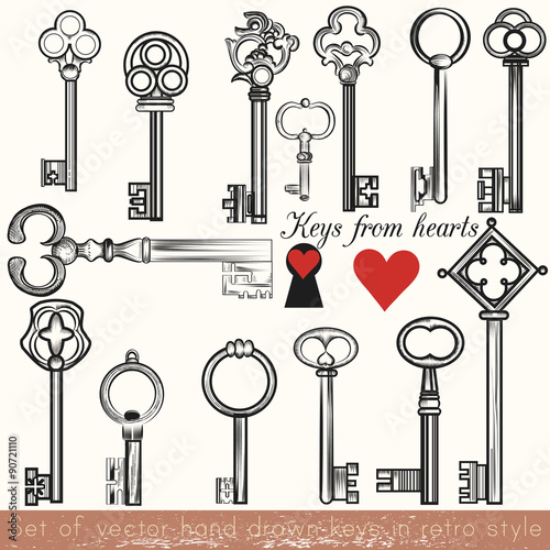 Set of vector hand drawn keys set in vintage style