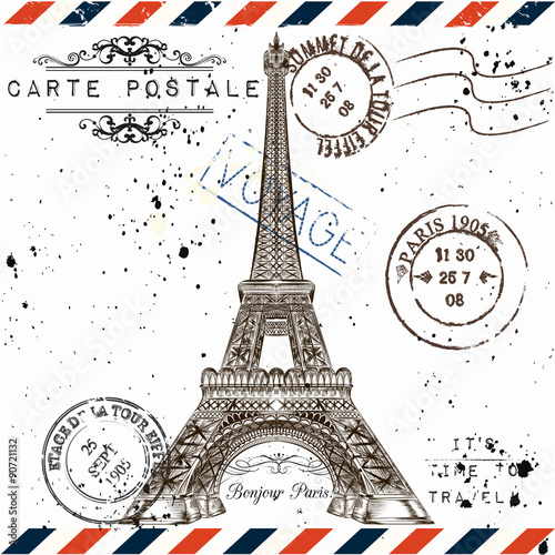 3).Bonjour Paris. Imitation of vintage post card with Eiffel tow