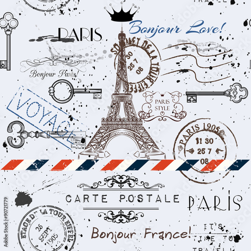 Carta da parati Parigi - Carta da parati Vector seamless background with flower Eiffel tower and post sta