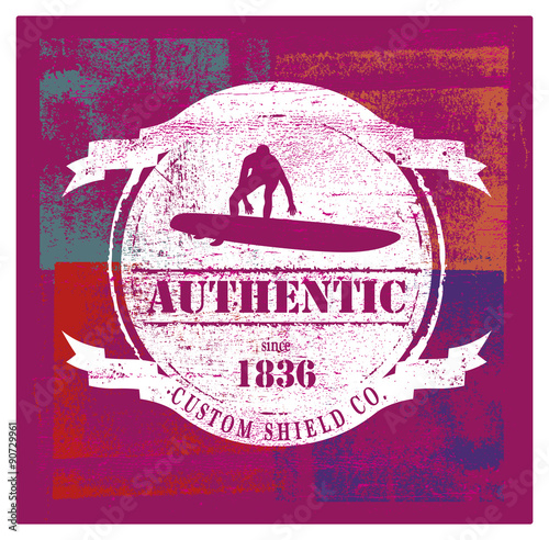 vintage stencil surf shield with surfer and long board