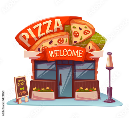 Pizzeria building with bright banner. Vector illustration