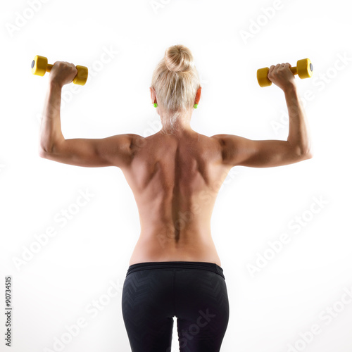 perfect fit woman, back view with dumbells