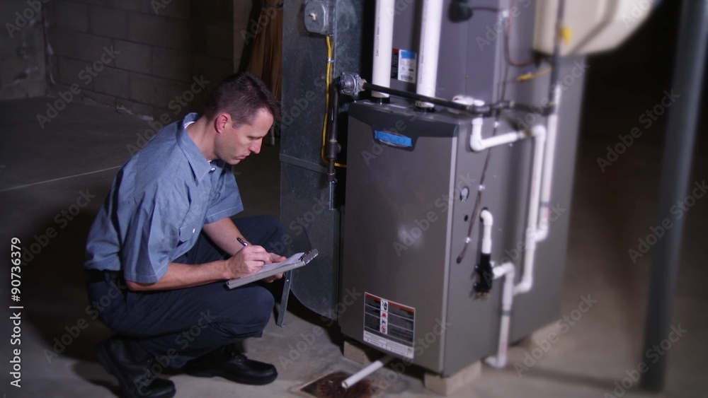 Furnace Repairman Inspects Unit in Home Basement