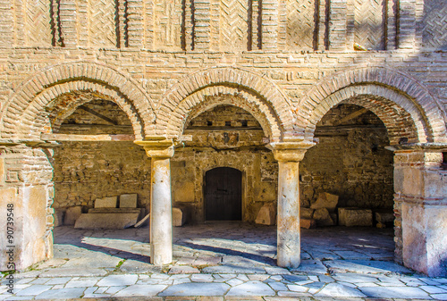 beautiful brick arcade of saint sofia church in ohrid, macedonia. photo