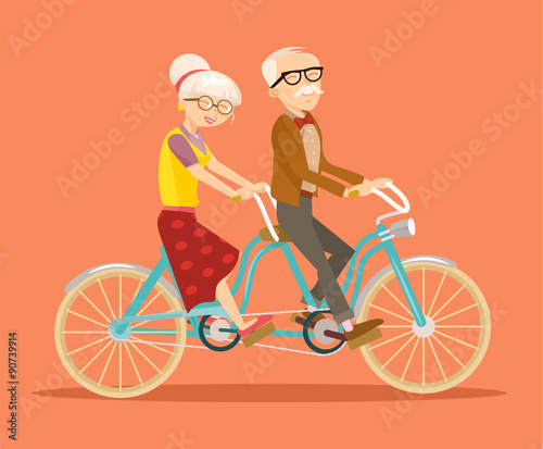 Grandparents on bicycle. Vector flat illustration