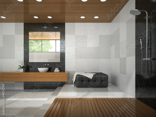 Interior of stylish bathroom with wooden ceilibg 3D rendering