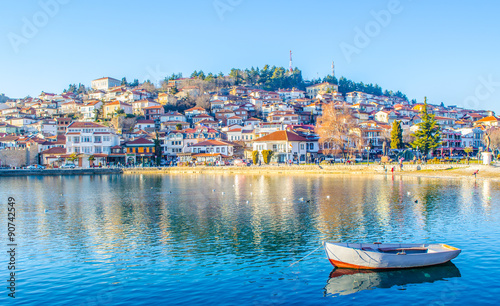 historical part of unesco listed town ohrid is located next to the ohrid lake and spread all over the hill with fortress of tzar samuel at the top. photo