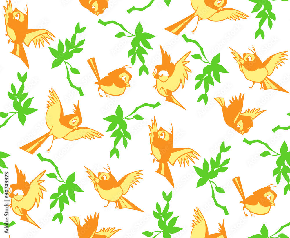 The illustration shows a seamless pattern for childrens textiles with silhouettes of orange birds and leaves. Done in cartoon style The illustration shows a seamless pattern for childrens textiles with silhouettes of orange birds and leaves. Done in cartoon style