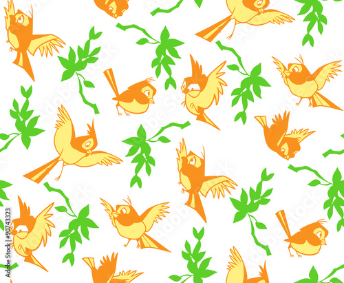 The illustration shows a seamless pattern for childrens textiles with silhouettes of orange birds and leaves. Done in cartoon style