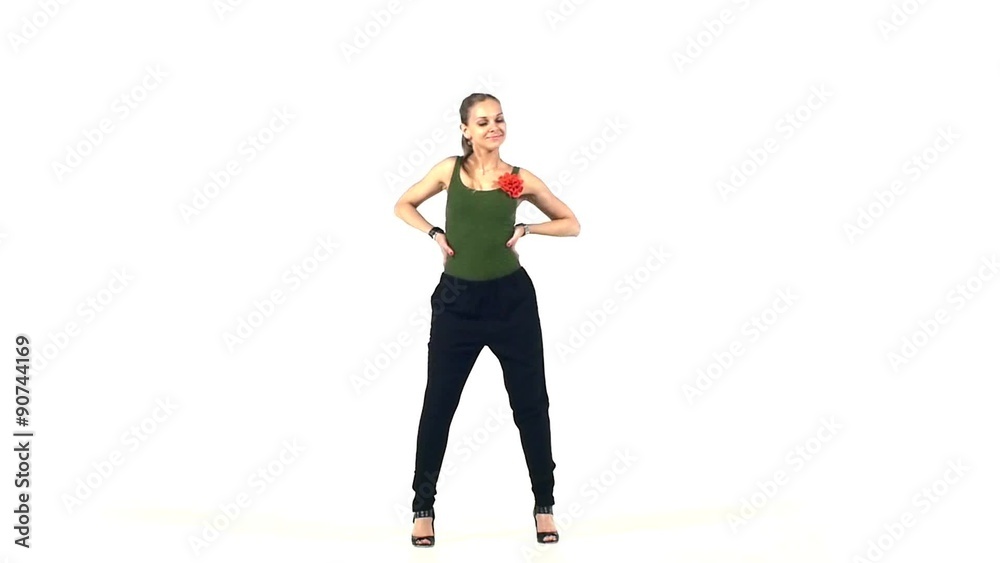 Attractive girl dancing social latino dancers on white, slow