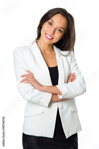 Smiling business woman, isolated on white background. crossed ar