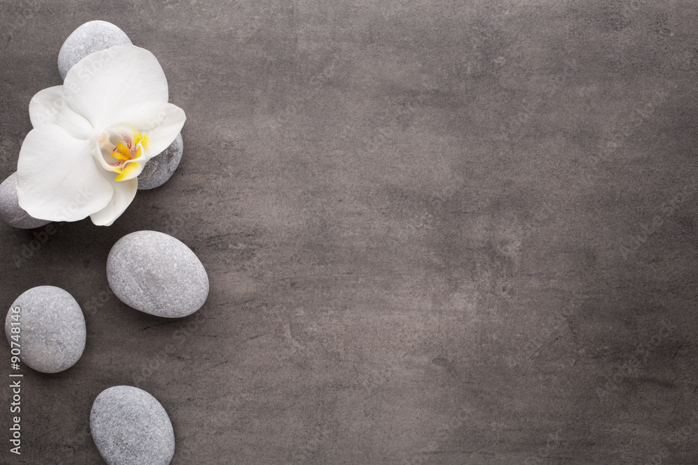 White orchid and spa stones on the grey background. White orchid and spa stones on the grey background.
