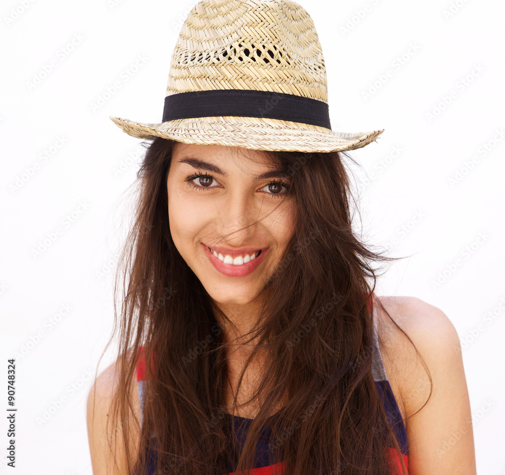 Beautiful young woman with long hair and hat smiling Beautiful young woman with long hair and hat smiling