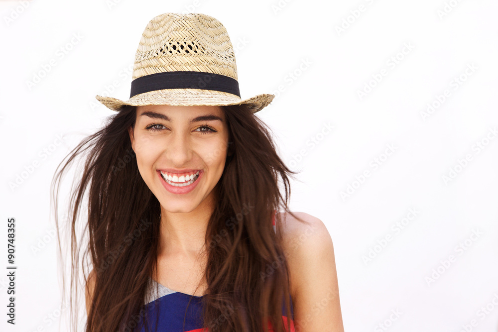 Close up portrait of an hispanic girl smiling with hat Close up portrait of an hispanic girl smiling with hat