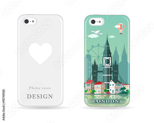 Phone case design with colored print. Modern London city skyline pattern with flat style design for cases isolated vector illustration