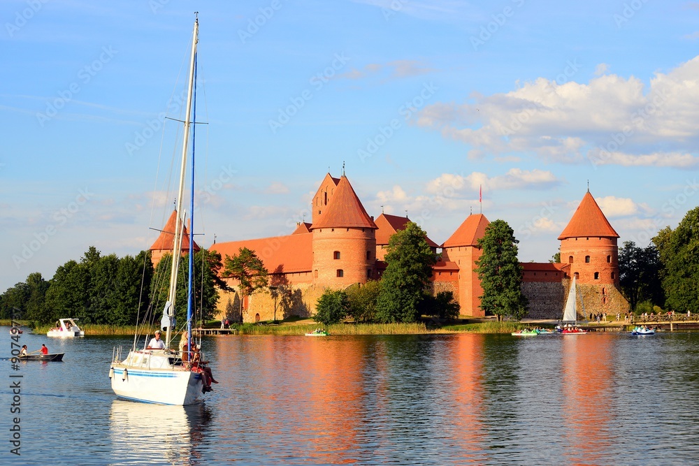 Galves lake,Trakai old red bricks castle view Galves lake,Trakai old red bricks castle view