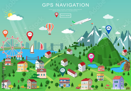 Landscape with buildings, parks, plains, hills, mountains, lakes and rivers. Set of detailed buildings with different perspective. Flat style map with isometric elemets and gps navigation
