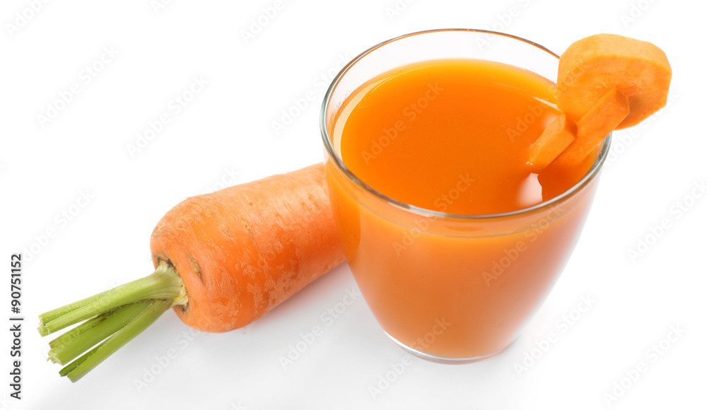 Glass of carrot juice with vegetable slices with vegetables isolated on white Glass of carrot juice with vegetable slices with vegetables isolated on white