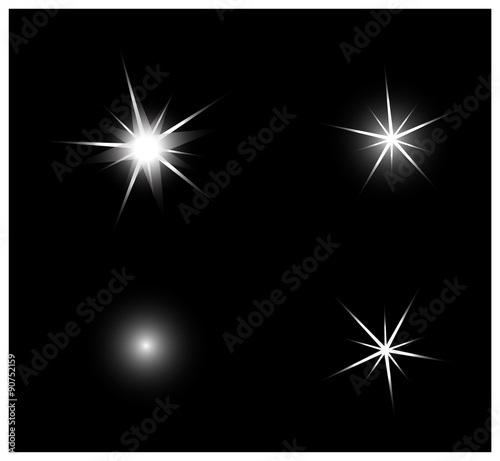 Set of Vector sparkling and glowing light effect stars on black