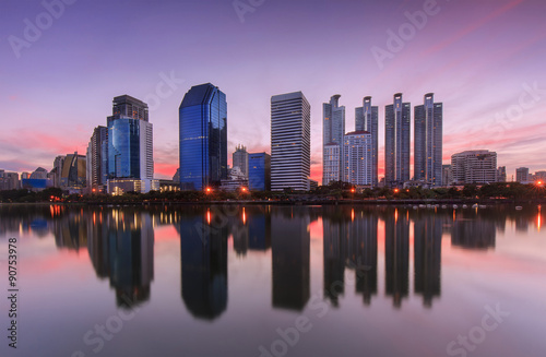 bangkok city buildings reflection at sunrise