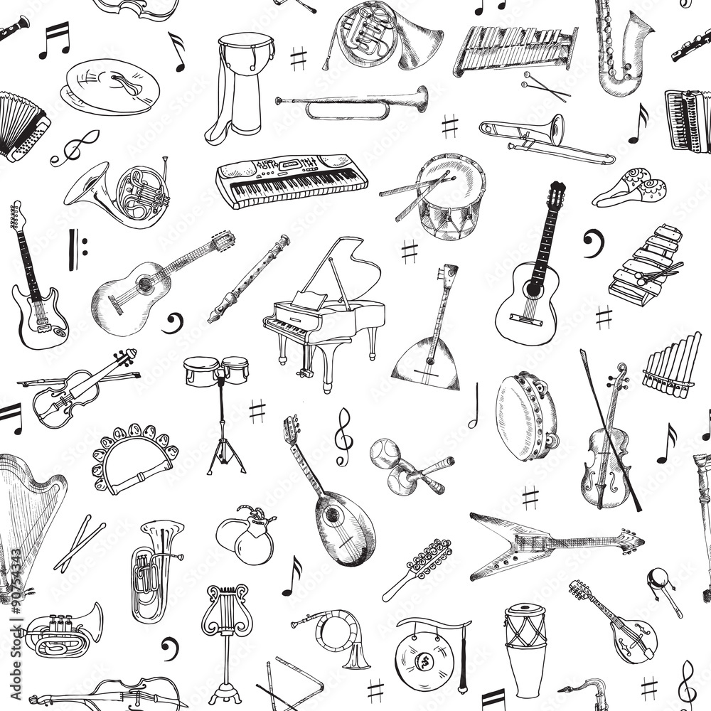 Fototapeta premium Music Instruments Background - Seamless Pattern - vector
