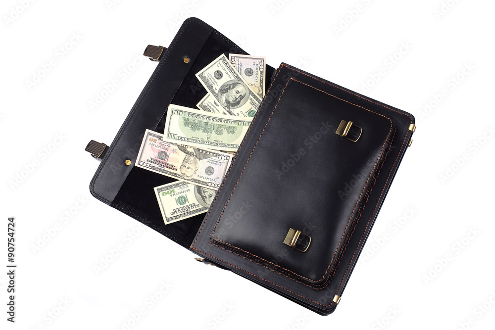 Opened black leather briefcase with dollars isolated on white ba Opened black leather briefcase with dollars isolated on white ba