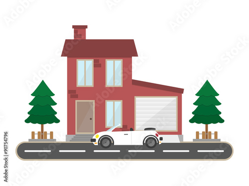 Retro flat residential brick house with tree garage and sport car country scenery background vector building illustration
