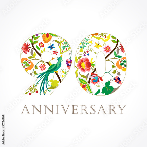 90 anniversary folk logo. Template logo 90th anniversary in folk style with bird.