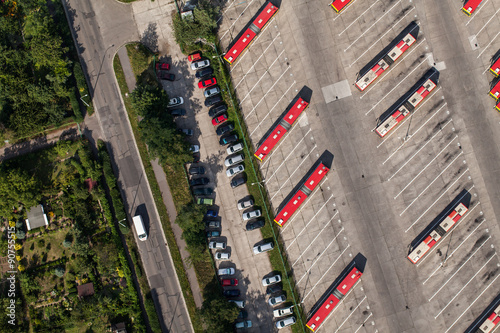 aerial view of large bus parking