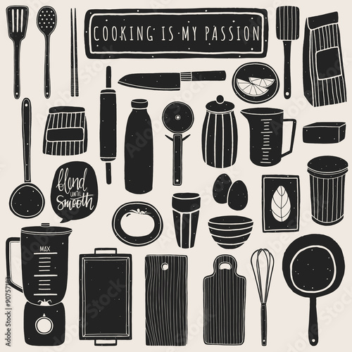 Doodle kitchen set. Hand drawn kitchenware and utensils. Vector elements for kitchen design. Cooking equipment