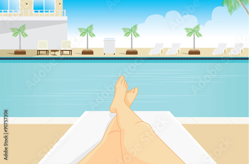 Point view of woman to sunbathing at a resort pool side. Which saw her legs in the picture.