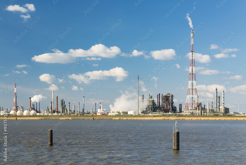 Fototapeta premium Antwerp Harbor Refinery And Flare Stack