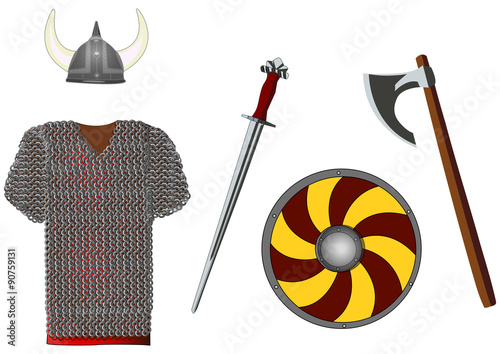 Weapons and armors set of viking, isolated on white, vector illustration