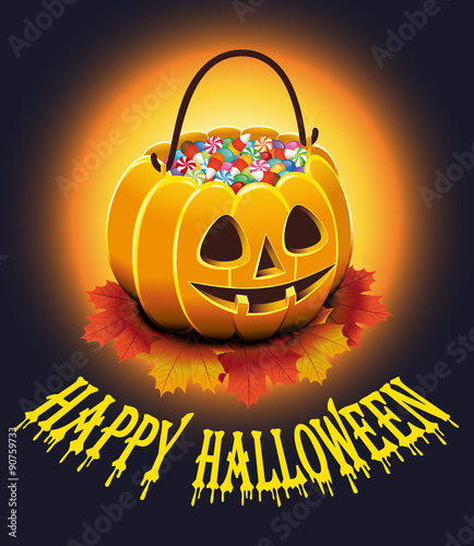 Halloween Poster with autumn leaves and pumpkin with candies. Vector illustration.