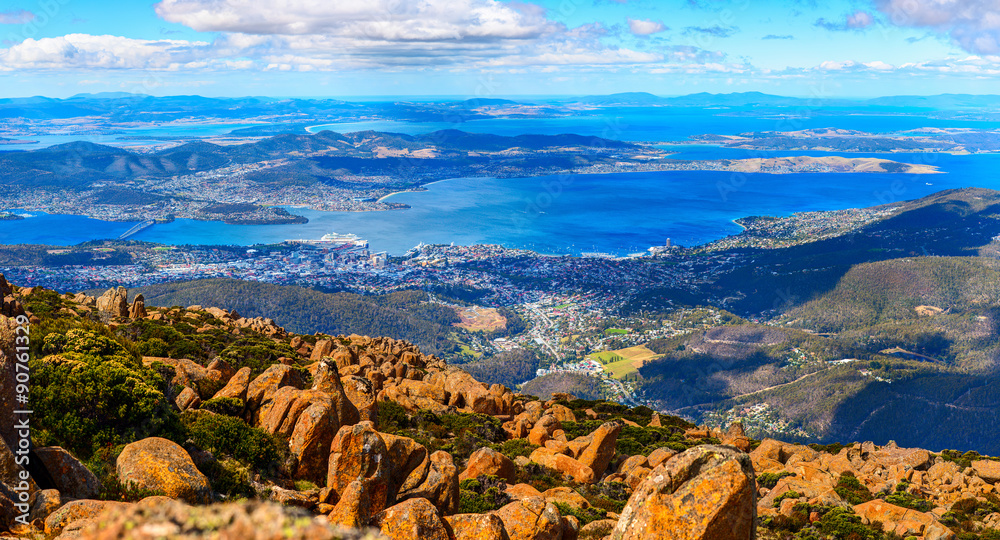 Aerial panoramic view of Hobart City and its vicinity from the Mount Wellington peak. Tasmanian Island, Australia. - obrazy, fototapety, plakaty 