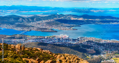 Aerial panoramic view of Hobart City and its vicinity from the Mount Wellington peak. Tasmanian Island, Australia.