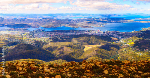 Aerial panoramic view of Hobart City and its vicinity from the Mount Wellington peak. Tasmanian Island, Australia.