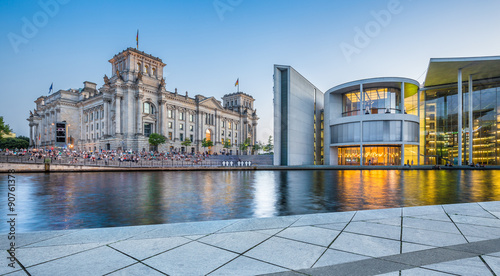 Berlin government district with Reichstag and Paul Löbe Haus at dusk, Germany