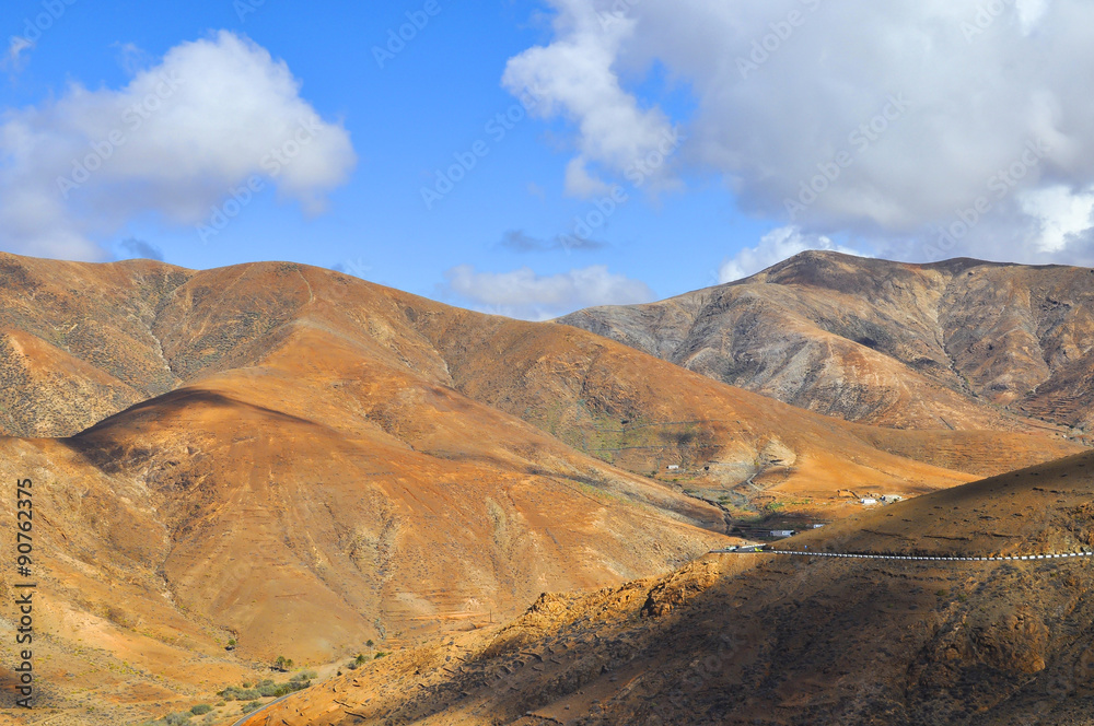 Beautiful volcanic mountains and blue sky. Fuerteventura