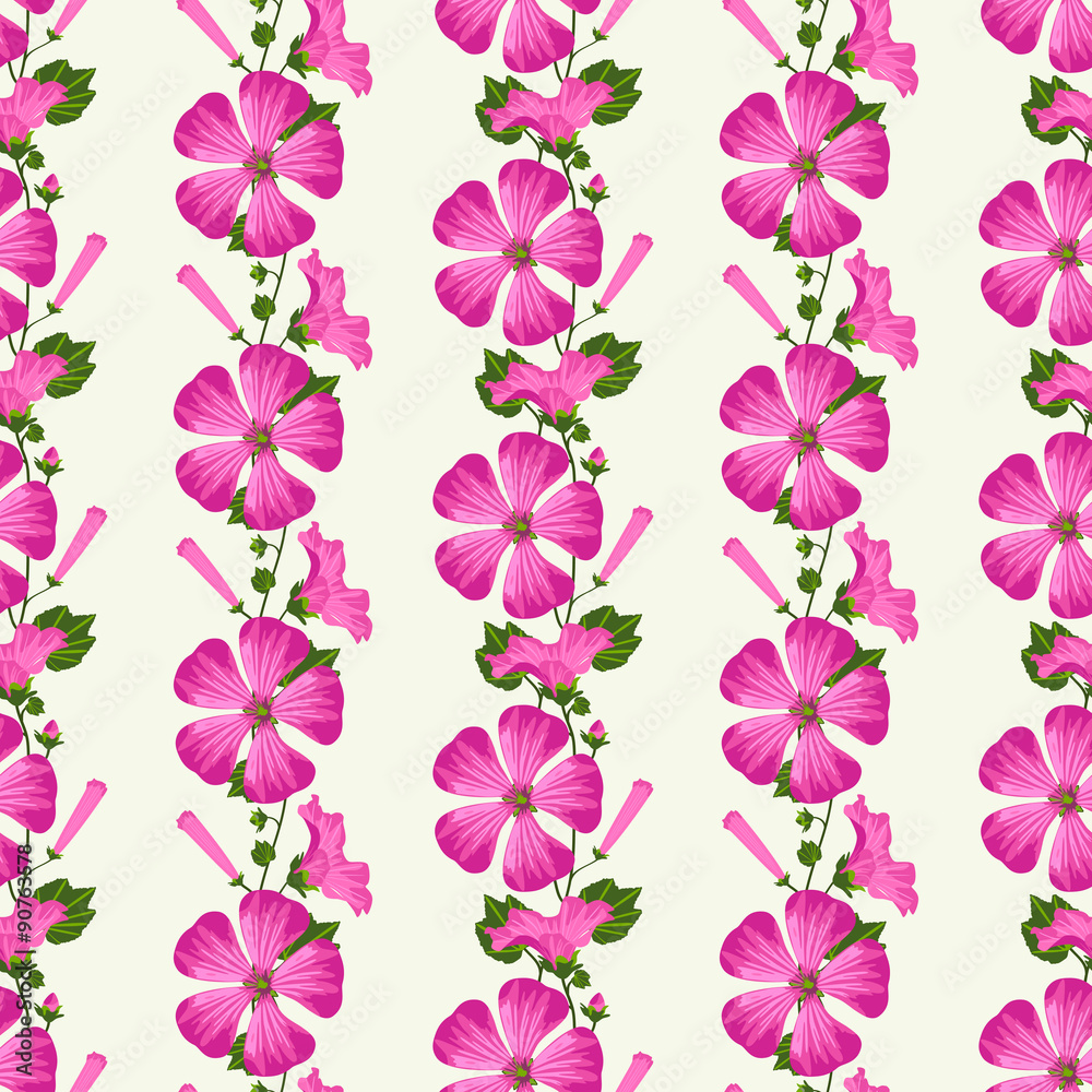 Vector seamless pattern with branch of pink flowers and buds
