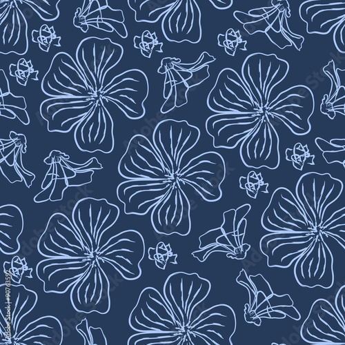 Vector seamless pattern with turquoise flowers and buds on blue background