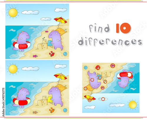 Purple dragons playing on the summer beach. Educational game for