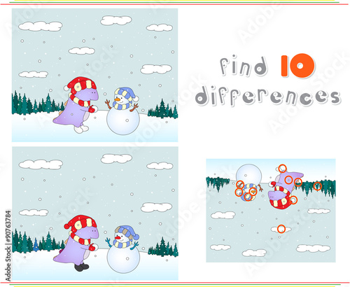 Purple dragon playing with snowman on the winter meadow. Educati