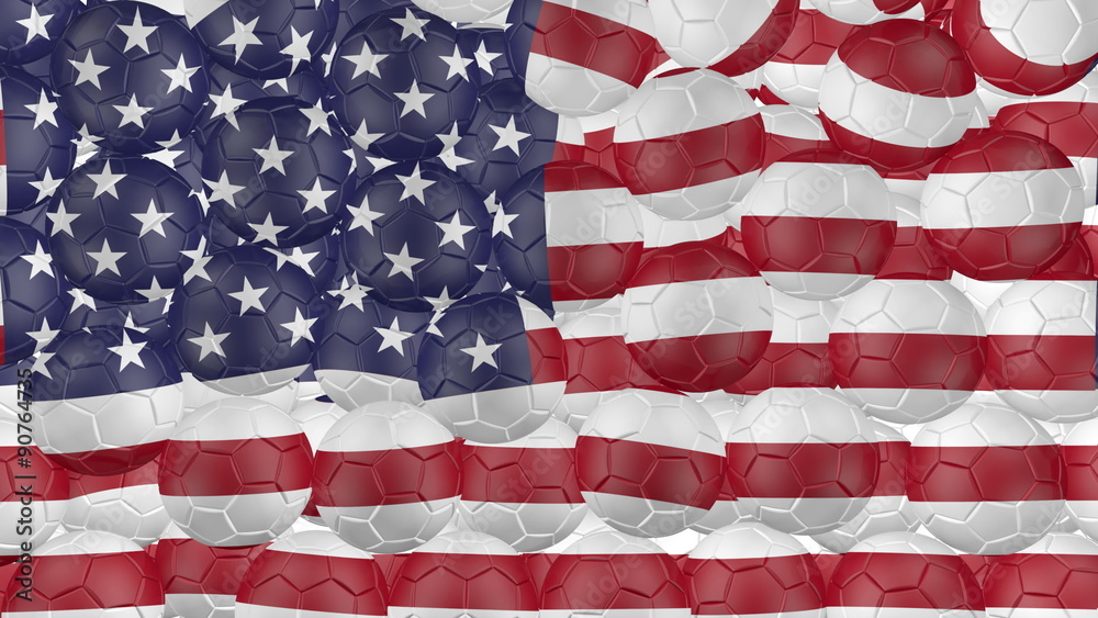 4K Soccer balls is falling down on a white and forming a usa flag in front of the camera. 4K UHD 4096 x 2304 ultra high definition with alpha
