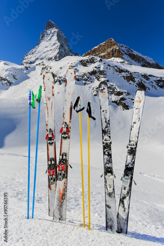 Matterhorn, Switzerland, winter season - ski equipments on ski run
