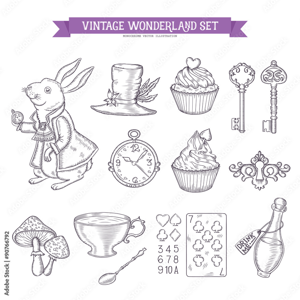 Wonderland hand drawn set of design elements.