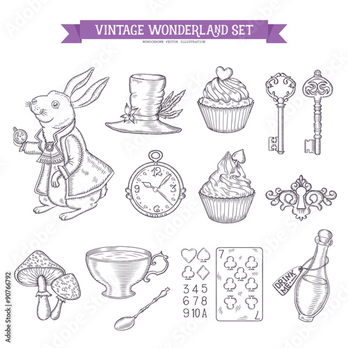 Wonderland hand drawn set of design elements.