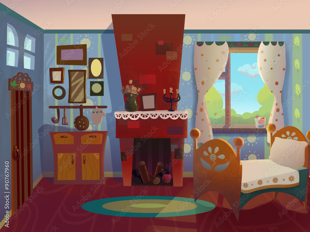 Granny's room drawn in cartoon style. Interior design of an old house. Digital background raster illustration.