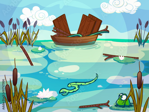 Boat on a lake raster illustration drawn in cartoon style.