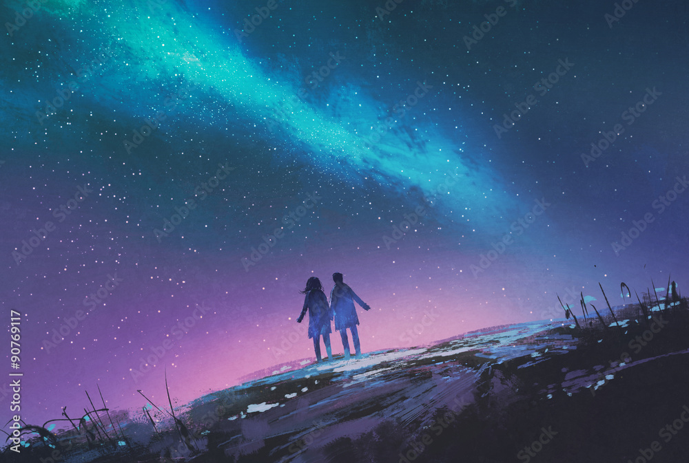 Fototapeta premium young couple standing holding hands against the Milky Way galaxy,illustration painting